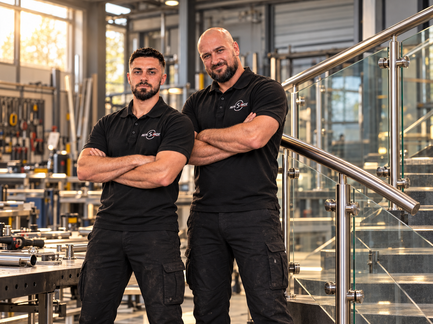 Andrei în stânga și Cosmin în dreapta, echipa Real Inox în atelier