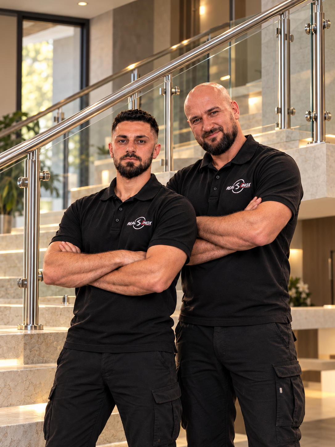 Andrei în stânga și Cosmin în dreapta, echipa Real Inox lângă o balustradă din inox și sticlă