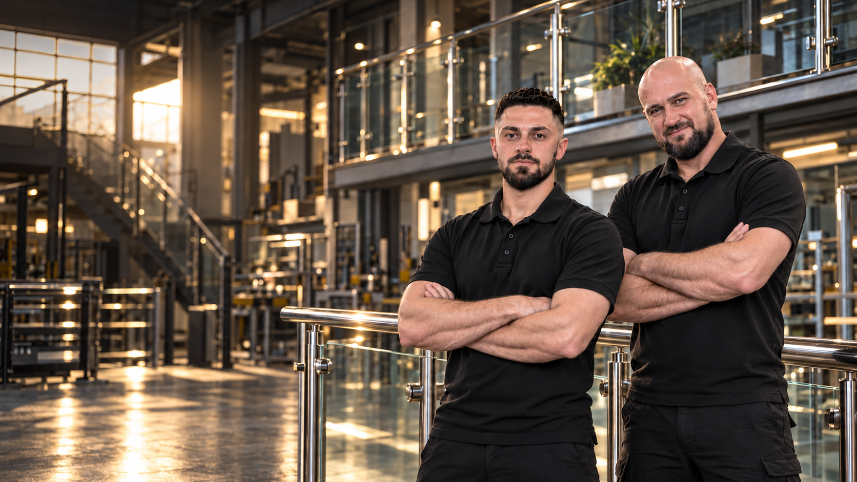 Andrei și Cosmin, echipa Real Inox, într-un spațiu cu balustrade din inox și sticlă